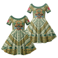 Hawaii Tiki Mask Personalized Family Matching Mermaid Dress and Hawaiian Shirt Mele Kalikimaka i Iulai! LT9 Daughter's Dress Green - Polynesian Pride