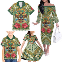 Hawaii Tiki Mask Personalized Family Matching Off The Shoulder Long Sleeve Dress and Hawaiian Shirt Mele Kalikimaka i Iulai!