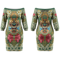 Hawaii Tiki Mask Personalized Family Matching Off The Shoulder Long Sleeve Dress and Hawaiian Shirt Mele Kalikimaka i Iulai! LT9 - Polynesian Pride