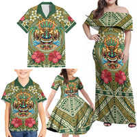 Hawaii Tiki Mask Personalized Family Matching Off Shoulder Maxi Dress and Hawaiian Shirt Mele Kalikimaka i Iulai! LT9 - Polynesian Pride