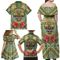 Hawaii Tiki Mask Personalized Family Matching Off Shoulder Maxi Dress and Hawaiian Shirt Mele Kalikimaka i Iulai! LT9 Mom's Dress Green - Polynesian Pride