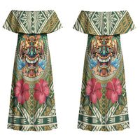 Hawaii Tiki Mask Personalized Family Matching Off Shoulder Maxi Dress and Hawaiian Shirt Mele Kalikimaka i Iulai! LT9 Mom's Dress Green - Polynesian Pride