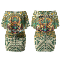 Hawaii Tiki Mask Personalized Family Matching Off Shoulder Short Dress and Hawaiian Shirt Mele Kalikimaka i Iulai! LT9 Mom's Dress Green - Polynesian Pride