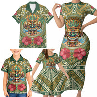 Hawaii Tiki Mask Personalized Family Matching Short Sleeve Bodycon Dress and Hawaiian Shirt Mele Kalikimaka i Iulai! LT9 - Polynesian Pride
