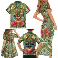Hawaii Tiki Mask Personalized Family Matching Short Sleeve Bodycon Dress and Hawaiian Shirt Mele Kalikimaka i Iulai! LT9 Mom's Dress Green - Polynesian Pride