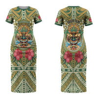Hawaii Tiki Mask Personalized Family Matching Short Sleeve Bodycon Dress and Hawaiian Shirt Mele Kalikimaka i Iulai! LT9 Mom's Dress Green - Polynesian Pride