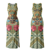 Hawaii Tiki Mask Personalized Family Matching Tank Maxi Dress and Hawaiian Shirt Mele Kalikimaka i Iulai! LT9 Mom's Dress Green - Polynesian Pride