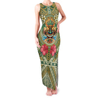 Hawaii Tiki Mask Personalized Family Matching Tank Maxi Dress and Hawaiian Shirt Mele Kalikimaka i Iulai!