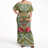 Hawaii Tiki Mask Personalized Off Shoulder Maxi Dress Mele Kalikimaka i Iulai! LT9 Women Green - Polynesian Pride