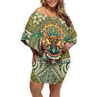 Hawaii Tiki Mask Personalized Off Shoulder Short Dress Mele Kalikimaka i Iulai! LT9 Women Green - Polynesian Pride