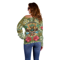 Hawaii Tiki Mask Personalized Off Shoulder Sweater Mele Kalikimaka i Iulai!