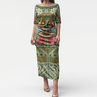 Hawaii Tiki Mask Personalized Puletasi Mele Kalikimaka i Iulai! LT9 Long Dress Green - Polynesian Pride