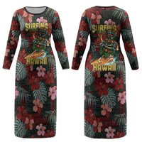 Hawaii Tiki Surfing Couples Matching Long Sleeve Bodycon Dress and Long Sleeve Button Shirt Mele Kalikimaka i Iulai! LT9