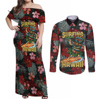 Hawaii Tiki Surfing Couples Matching Off Shoulder Maxi Dress and Long Sleeve Button Shirt Mele Kalikimaka i Iulai!