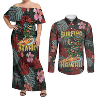 Hawaii Tiki Surfing Couples Matching Off Shoulder Maxi Dress and Long Sleeve Button Shirt Mele Kalikimaka i Iulai! LT9 Black - Polynesian Pride