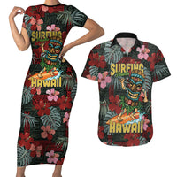 Hawaii Tiki Surfing Couples Matching Short Sleeve Bodycon Dress and Hawaiian Shirt Mele Kalikimaka i Iulai!