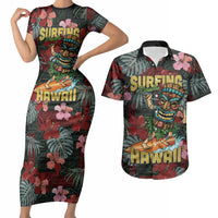 Hawaii Tiki Surfing Couples Matching Short Sleeve Bodycon Dress and Hawaiian Shirt Mele Kalikimaka i Iulai! LT9 Black - Polynesian Pride