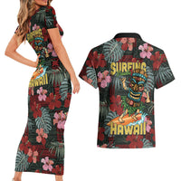 Hawaii Tiki Surfing Couples Matching Short Sleeve Bodycon Dress and Hawaiian Shirt Mele Kalikimaka i Iulai! LT9 - Polynesian Pride