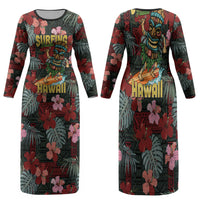 Hawaii Tiki Surfing Family Matching Long Sleeve Bodycon Dress and Hawaiian Shirt Mele Kalikimaka i Iulai! LT9 Mom's Dress Black - Polynesian Pride