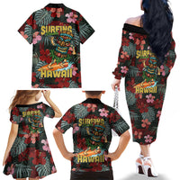 Hawaii Tiki Surfing Family Matching Off The Shoulder Long Sleeve Dress and Hawaiian Shirt Mele Kalikimaka i Iulai! LT9 Mom's Dress Black - Polynesian Pride