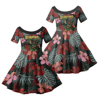Hawaii Tiki Surfing Family Matching Off The Shoulder Long Sleeve Dress and Hawaiian Shirt Mele Kalikimaka i Iulai! LT9 Daughter's Dress Black - Polynesian Pride