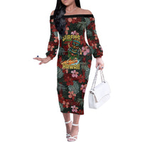 Hawaii Tiki Surfing Family Matching Off The Shoulder Long Sleeve Dress and Hawaiian Shirt Mele Kalikimaka i Iulai!