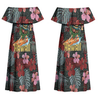 Hawaii Tiki Surfing Family Matching Off Shoulder Maxi Dress and Hawaiian Shirt Mele Kalikimaka i Iulai! LT9 Mom's Dress Black - Polynesian Pride