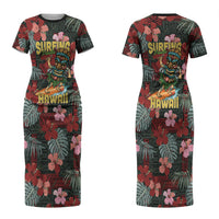 Hawaii Tiki Surfing Family Matching Short Sleeve Bodycon Dress and Hawaiian Shirt Mele Kalikimaka i Iulai! LT9 Mom's Dress Black - Polynesian Pride