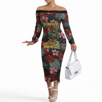 Hawaii Tiki Surfing Off The Shoulder Long Sleeve Dress Mele Kalikimaka i Iulai! LT9 Women Black - Polynesian Pride