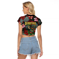 Hawaii Tiki Surfing Raglan Cropped T Shirt Mele Kalikimaka i Iulai!