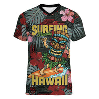Hawaii Tiki Surfing Women V-Neck T-Shirt Mele Kalikimaka i Iulai!