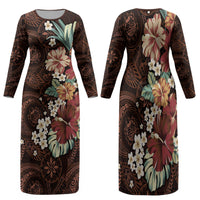 Kanoa Hawai'i Hibiscus Family Matching Long Sleeve Bodycon Dress and Hawaiian Shirt Polynesian Tribal Tattoo Pattern Floral Elements LT9 Mom's Dress Brown - Polynesian Pride