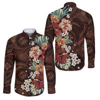 Kanoa Hawai'i Hibiscus Family Matching Long Sleeve Bodycon Dress and Hawaiian Shirt Polynesian Tribal Tattoo Pattern Floral Elements LT9 Dad's Shirt - Long Sleeve Brown - Polynesian Pride