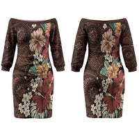 Kanoa Hawai'i Hibiscus Family Matching Off The Shoulder Long Sleeve Dress and Hawaiian Shirt Polynesian Tribal Tattoo Pattern Floral Elements LT9 Mom's Dress Brown - Polynesian Pride