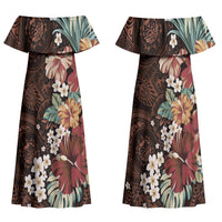 Kanoa Hawai'i Hibiscus Family Matching Off Shoulder Maxi Dress and Hawaiian Shirt Polynesian Tribal Tattoo Pattern Floral Elements LT9 Mom's Dress Brown - Polynesian Pride