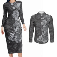 Pauli Hawai'i Hibiscus Couples Matching Long Sleeve Bodycon Dress and Long Sleeve Button Shirt Polynesian Tribal Tattoo Pattern Floral Elements LT9 Soft Black - Polynesian Pride