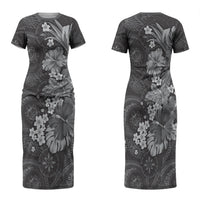 Pauli Hawai'i Hibiscus Family Matching Short Sleeve Bodycon Dress and Hawaiian Shirt Polynesian Tribal Tattoo Pattern Floral Elements LT9 Mom's Dress Soft Black - Polynesian Pride