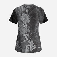 Pauli Hawai'i Hibiscus Scrub Top Polynesian Tribal Tattoo Pattern Floral Elements