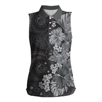 Pauli Hawai'i Hibiscus Women Sleeveless Polo Shirt Polynesian Tribal Tattoo Pattern Floral Elements LT9 Female Soft Black - Polynesian Pride