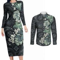 Pauliuli Hawai'i Hibiscus Couples Matching Long Sleeve Bodycon Dress and Long Sleeve Button Shirt Polynesian Tribal Tattoo Pattern Floral Elements LT9 Charcoal Blue - Polynesian Pride