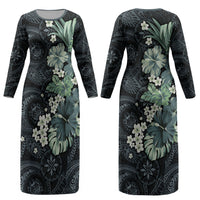 Pauliuli Hawai'i Hibiscus Couples Matching Long Sleeve Bodycon Dress and Long Sleeve Button Shirt Polynesian Tribal Tattoo Pattern Floral Elements LT9 - Polynesian Pride
