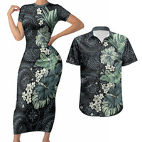 Pauliuli Hawai'i Hibiscus Couples Matching Short Sleeve Bodycon Dress and Hawaiian Shirt Polynesian Tribal Tattoo Pattern Floral Elements LT9 Charcoal Blue - Polynesian Pride