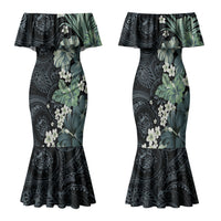 Pauliuli Hawai'i Hibiscus Family Matching Mermaid Dress and Hawaiian Shirt Polynesian Tribal Tattoo Pattern Floral Elements LT9 Mom's Dress Charcoal Blue - Polynesian Pride