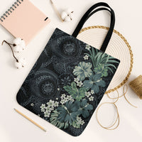 Pauliuli Hawai'i Hibiscus Tote Bag Polynesian Tribal Tattoo Pattern Floral Elements LT9 Black Strap One Size Charcoal Blue - Polynesian Pride