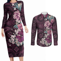 Poni Mama Hawai'i Hibiscus Couples Matching Long Sleeve Bodycon Dress and Long Sleeve Button Shirt Polynesian Tribal Tattoo Pattern Floral Elements LT9 Pink - Polynesian Pride