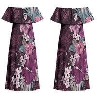 Poni Mama Hawai'i Hibiscus Couples Matching Off Shoulder Maxi Dress and Hawaiian Shirt Polynesian Tribal Tattoo Pattern Floral Elements