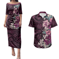 Poni Mama Hawai'i Hibiscus Couples Matching Puletasi and Hawaiian Shirt Polynesian Tribal Tattoo Pattern Floral Elements LT9 Pink - Polynesian Pride