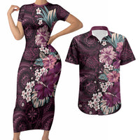 Poni Mama Hawai'i Hibiscus Couples Matching Short Sleeve Bodycon Dress and Hawaiian Shirt Polynesian Tribal Tattoo Pattern Floral Elements LT9 Pink - Polynesian Pride