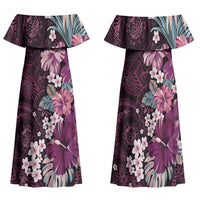 Poni Mama Hawai'i Hibiscus Family Matching Off Shoulder Maxi Dress and Hawaiian Shirt Polynesian Tribal Tattoo Pattern Floral Elements LT9 Mom's Dress Pink - Polynesian Pride