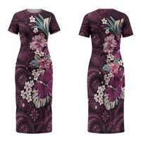 Poni Mama Hawai'i Hibiscus Family Matching Short Sleeve Bodycon Dress and Hawaiian Shirt Polynesian Tribal Tattoo Pattern Floral Elements LT9 Mom's Dress Pink - Polynesian Pride